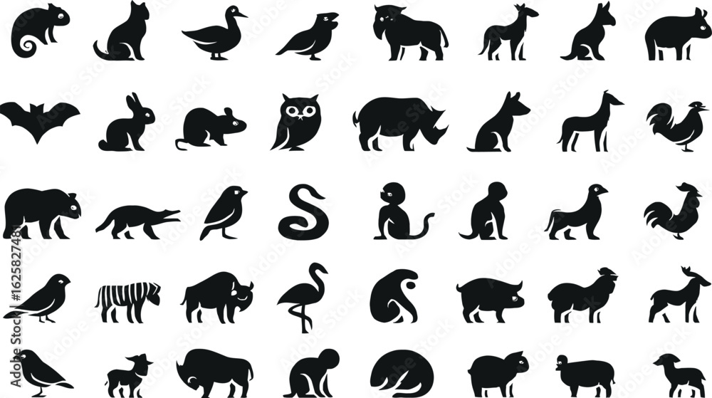 Naklejka premium Animal Silhouette Icon Set – Diverse Black Vector Shapes Featuring Mammals, Birds, Reptiles, and Insects for Nature, Wildlife, and Educational Design Projects