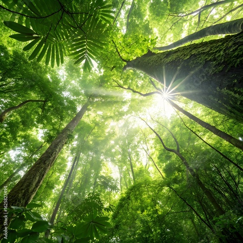 Sunlight filters through lush green canopy of a tropical rainforest