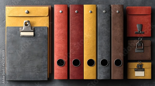 Assorted colorful folders and a clipboard on a dark surface.