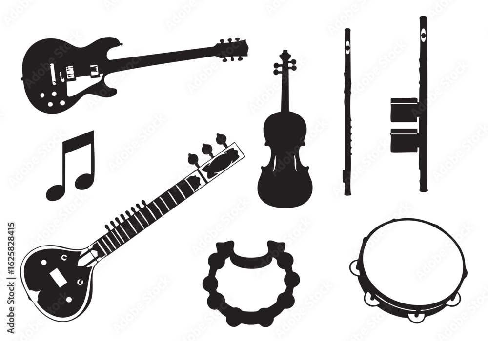 Fototapeta premium Diverse Musical Instruments Black Silhouettes Representing Global Music Traditions and Harmony of Melodies and Cultural Richness