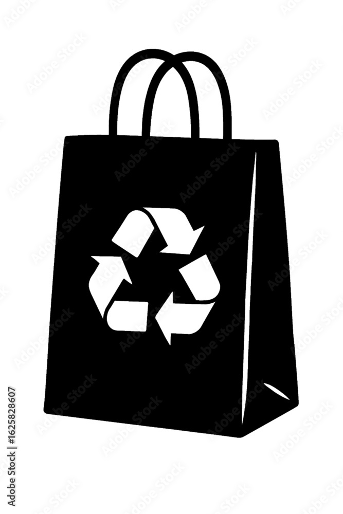 Black silhouette of a shopping bag with two parallel handles and a white recycling symbol on the front. Simple, eco-friendly design in solid black on a transparent background. Black silhouette of a shopping bag with two parallel handles and a white recycling symbol on the front. Simple, eco-friendly design in solid black on a transparent background.
