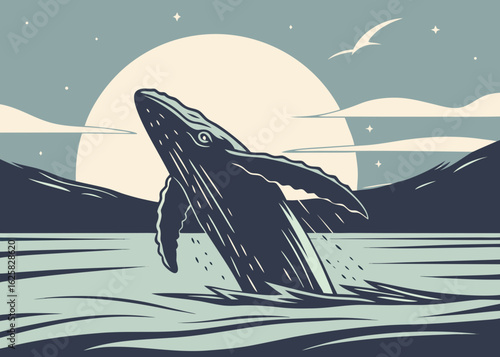 Whale breaching water under moonlight with bird and clouds in a serene oceanic landscape scene created with generated ai