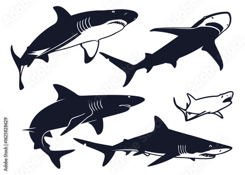 Illustration featuring multiple sharks in various poses and styles, some in silhouette and some outlined created with generated ai