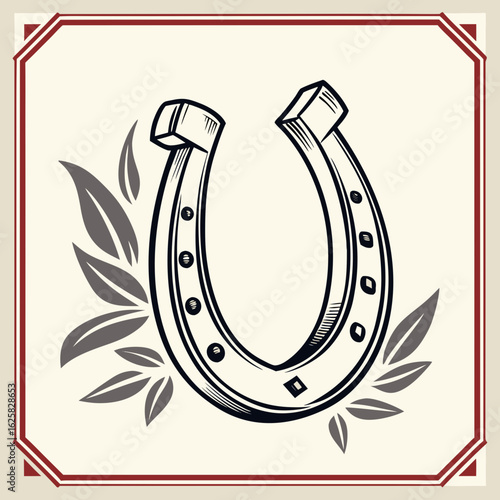 Illustration of a horseshoe with decorative leaves and a framed border on a light background created with generated ai