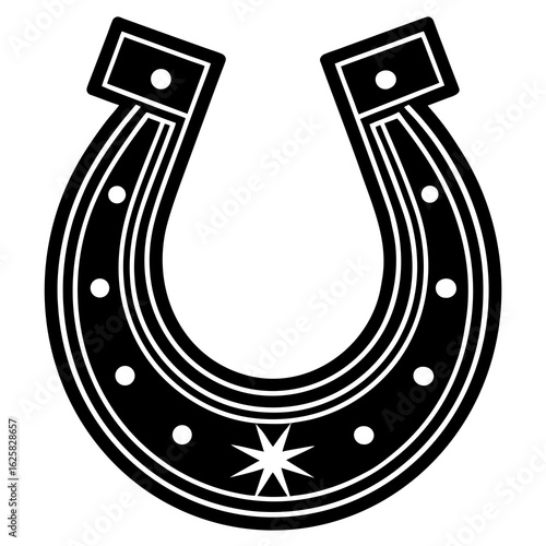 Stylized horseshoe with decorative elements in black and white design for luck and protection theme created with generated ai