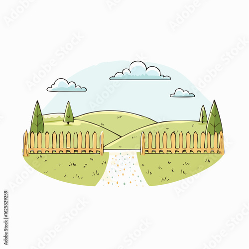 Landscape showing open fence dividing green fields and a pathway  representing a border.