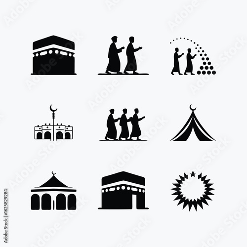 Simple Black and White Icons Representing Islamic Religious Symbols