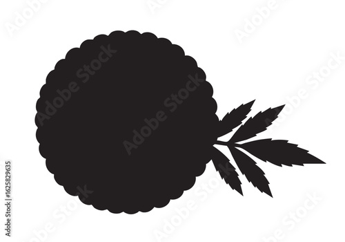 Silhouette of Circular Flower Head with Delicate Leaf Arrangement in Black and White Minimalist Design