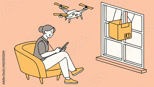 Woman Receiving Drone Delivery:  Relaxed, Modern, Isometric Illustration of contactless package delivery via drone to a home window.