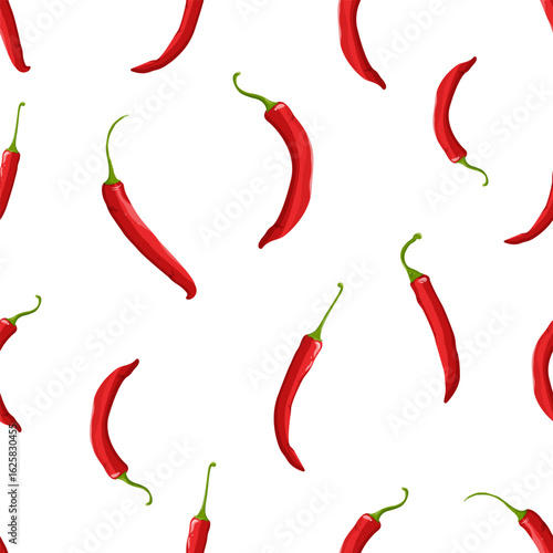 Chili pepper pattern. Seamless pattern with red, bright chili pepper. Chili pepper in flat style. Fabric pattern with pepper. Design pattern with pepper.