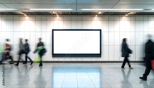 Blank billboard for advertising on a subway station wall with blurred commuters walking by. Mockup for commercial in a busy metro.