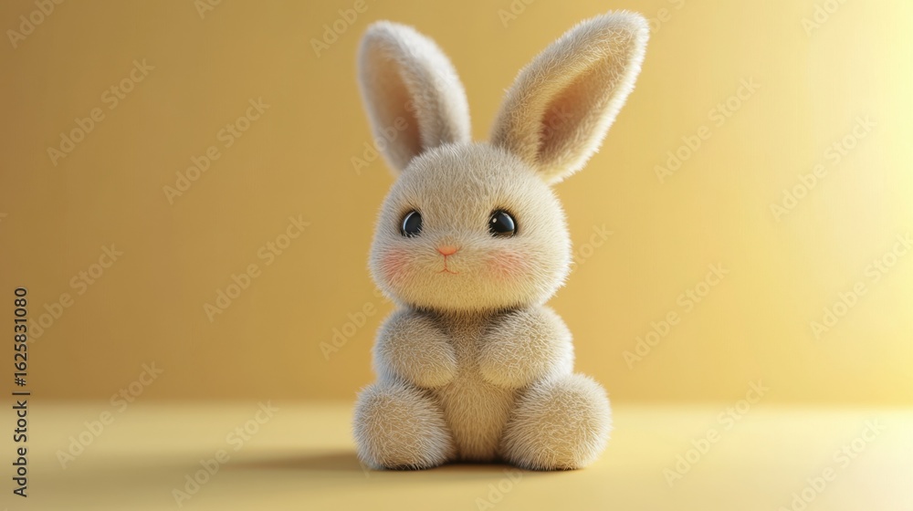Obraz premium This adorable fluffy bunny features big eyes and soft fur, perfect for children's decor or playful themes. Set against a vibrant yellow background, it radiates cuteness.