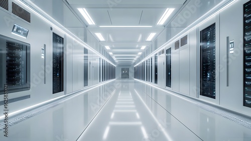 infinite server room stretching into the distance, cool white lighting and tech details, silent and empty 
