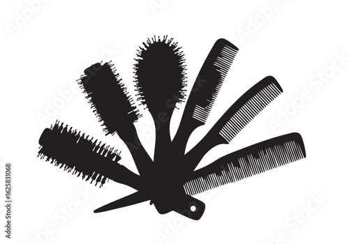 Stylish Hairdressing Tools Black and White Silhouette for Salon Branding and Hairstyling Designs with Combs and Brushes