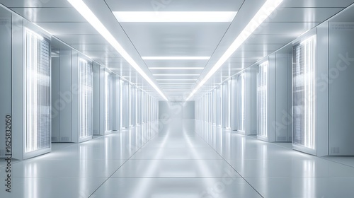 infinite server room stretching into the distance, cool white lighting and tech details, silent and empty 
