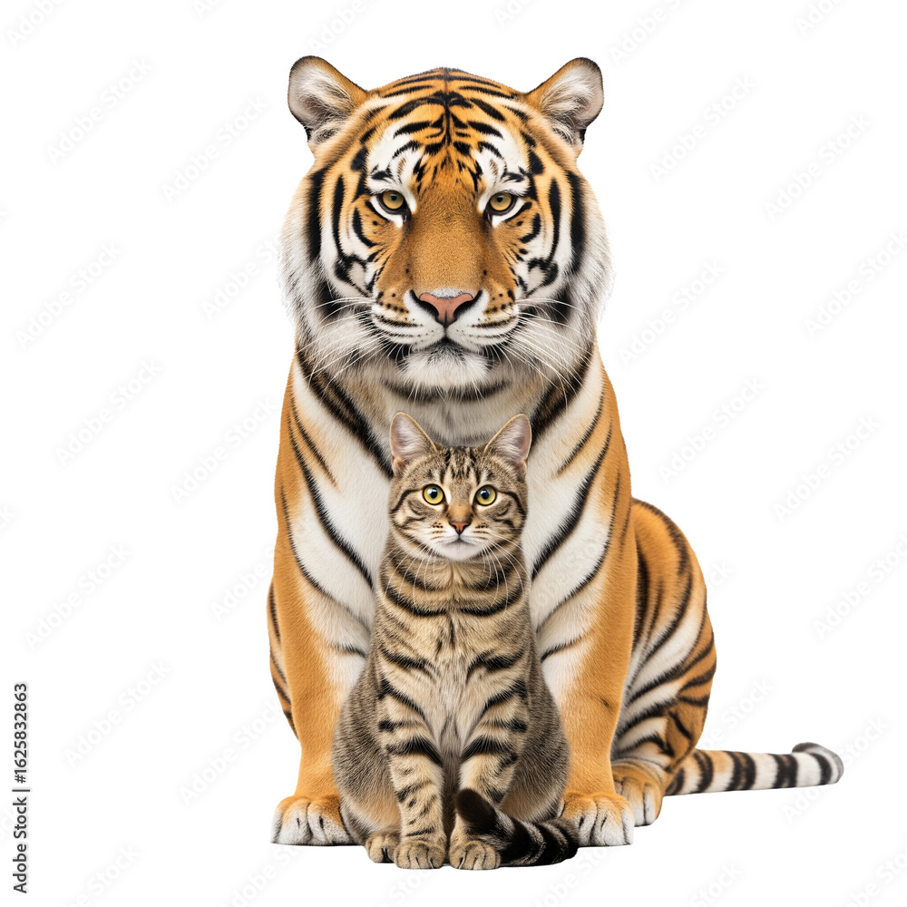 Obraz premium Tiger and a tabby cat sitting together isolated on a transparent background 