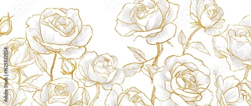 Elegant white roses with gold outlines, wedding invitation design