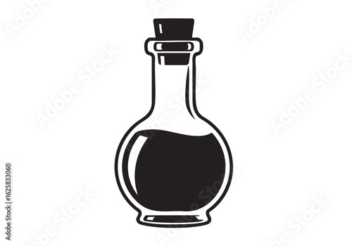 Vintage potion bottle illustration with dark liquid and cork stopper on a clean white background vector graphic art