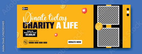 Bright yellow poster with text charity a life and design elements for fundraising or awareness campaign