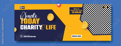 Donate today charity life with coins and checkered pattern background