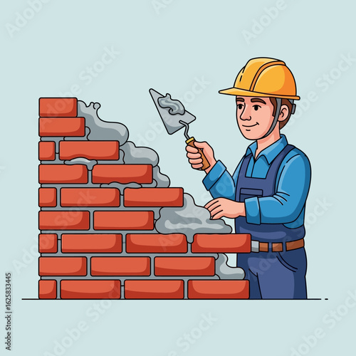 A cheerful cartoon bricklayer expertly lays red bricks using a trowel, constructing a sturdy wall against a light-blue backdrop, ideal for construction, industry, and DIY projects.