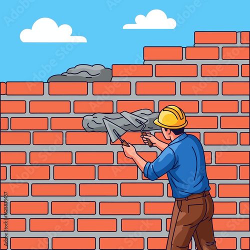 An illustration depicts a construction worker in a yellow hard hat applying mortar to bricks, building a wall against a blue sky with fluffy clouds.