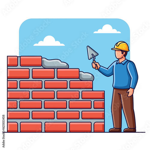 Skilled construction worker in hard hat meticulously building a red brick wall with a trowel and mortar, symbolizing progress and development.