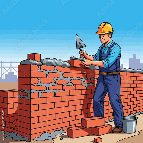 A skilled male bricklayer in a hard hat diligently constructs a sturdy red brick wall using a trowel and mortar at a busy construction site.