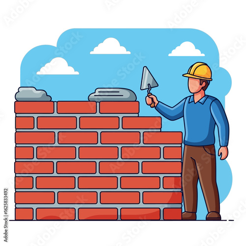 A construction worker in a yellow hard hat carefully lays red bricks to build a wall under a bright blue sky with fluffy white clouds in a cartoon style.