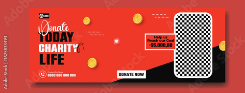 Donate today charity life with a smartphone and coins on a red background