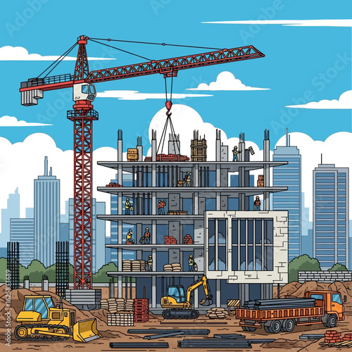 A vibrant, cartoon-style illustration depicts the construction of a modern building in a bustling city, showcasing construction equipment and workers in action.