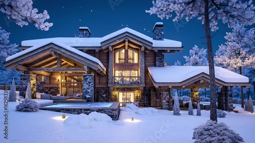 Luxury Winter Chalet Cabin with Snow, Lights, and Outdoor Pool at Night – Cozy Wooden Lodge in Snowy Forest