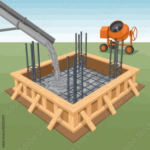 Concrete is poured from a chute into a wooden formwork with steel rebar, preparing a building foundation with a mixer nearby.
