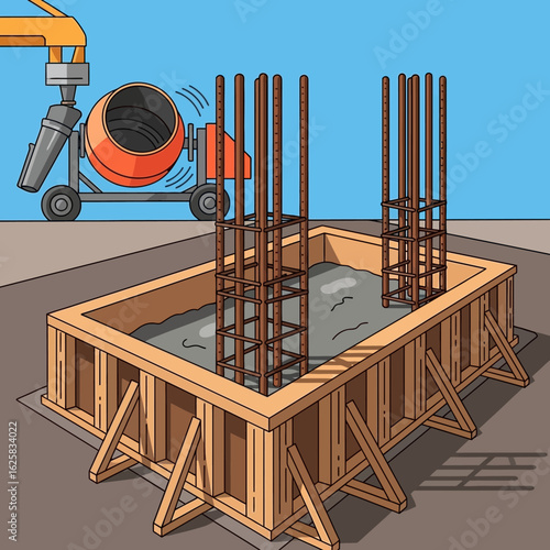 Illustration displays a concrete foundation being poured with rebar reinforcement, alongside a cement mixer, depicting construction and infrastructure development.