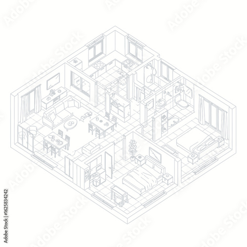 Isometric line drawing of a modern two-bedroom apartment floor plan, showcasing a spacious living area, kitchen, and bedrooms with detailed furniture placement, ideal for real estate or interior