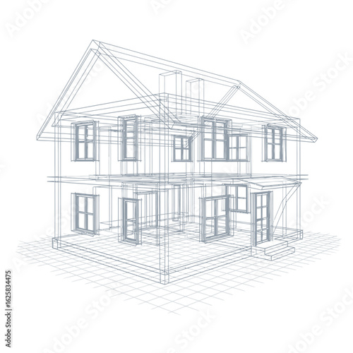 Detailed architectural blueprint wireframe of a modern two-story house, showcasing construction plans and design elements on a white background.