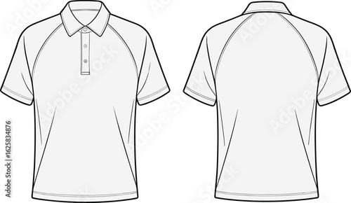 Raglan short sleeve polo shirt flat sketch front and back view template for sportswear, casual menswear, and apparel design illustration