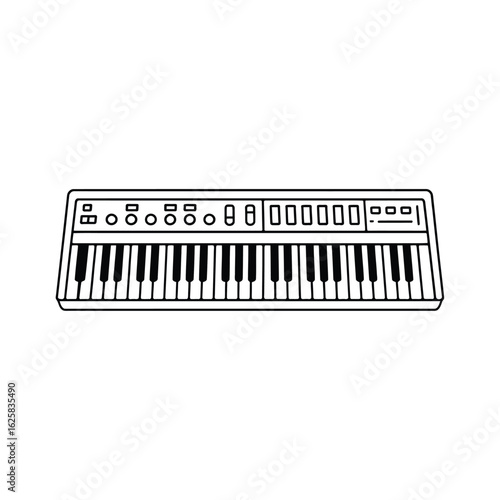 Hand drawn illustration of a vintage synthesizer keyboard with buttons and knobs