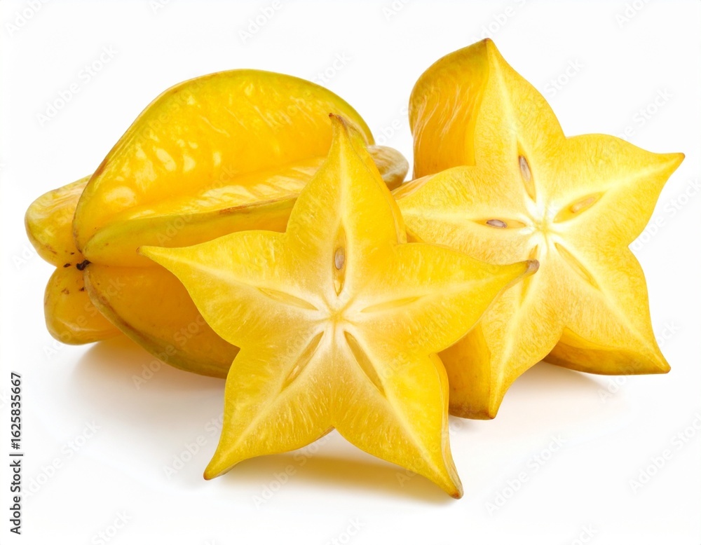 Fototapeta premium Fresh Ripe Starfruit with Cross-Section Slice on White Background