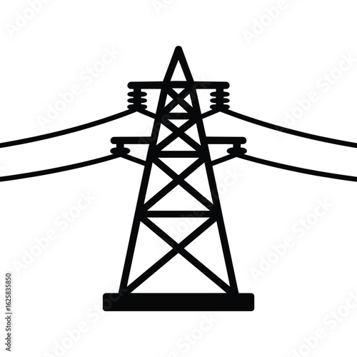 Black silhouette of an electricity pylon with power lines against a white background