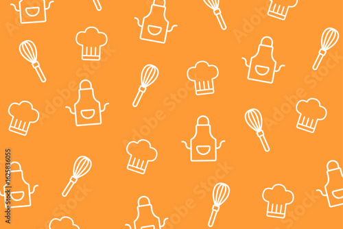 Playful kitchen tools pattern with aprons, whisks, and chef hats on orange. Ideal for recipe illustrations, kitchen decor, or food blog graphics.