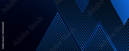 Abstract dark blue background with glowing arrow lines. Blue and black vector abstract 3D futuristic modern neon banner with outline. Modern shiny blue geometric line graphic design.