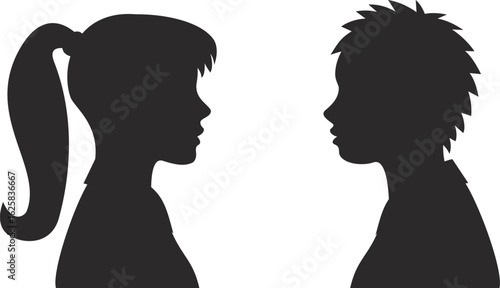 Silhouette of man and woman face in profile view, people head icons for relationship and gender themes