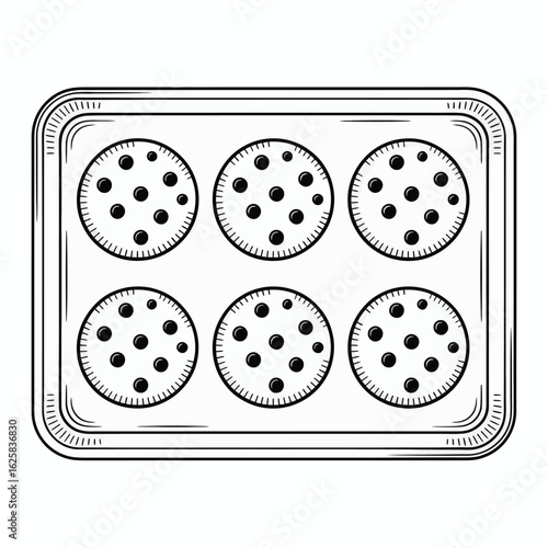 Hand drawn illustration of chocolate chip cookies on a baking sheet