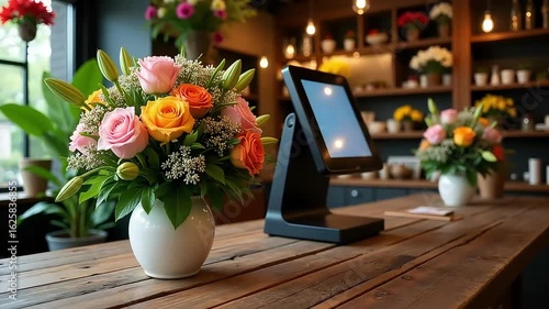 Modern flower shop counter with fresh floral arrangements and digital point of sale terminal
