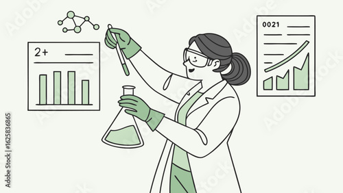 Happy Female Scientist Conducting Experiment, Positive Growth Charts, Line Art Style
