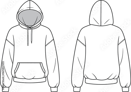 Unisex casual hoodie flat sketch with drawstring hood and kangaroo pocket perfect for streetwear fashion design and apparel templates
