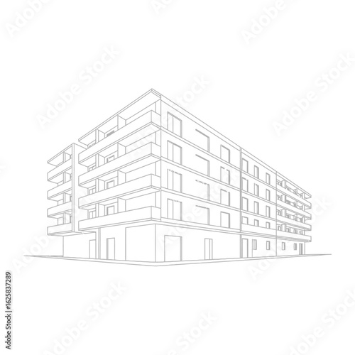 Architectural sketch of a modern apartment building with balconies