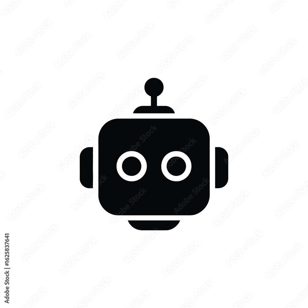 Fototapeta premium Simple black robot head icon with round eyes and antenna