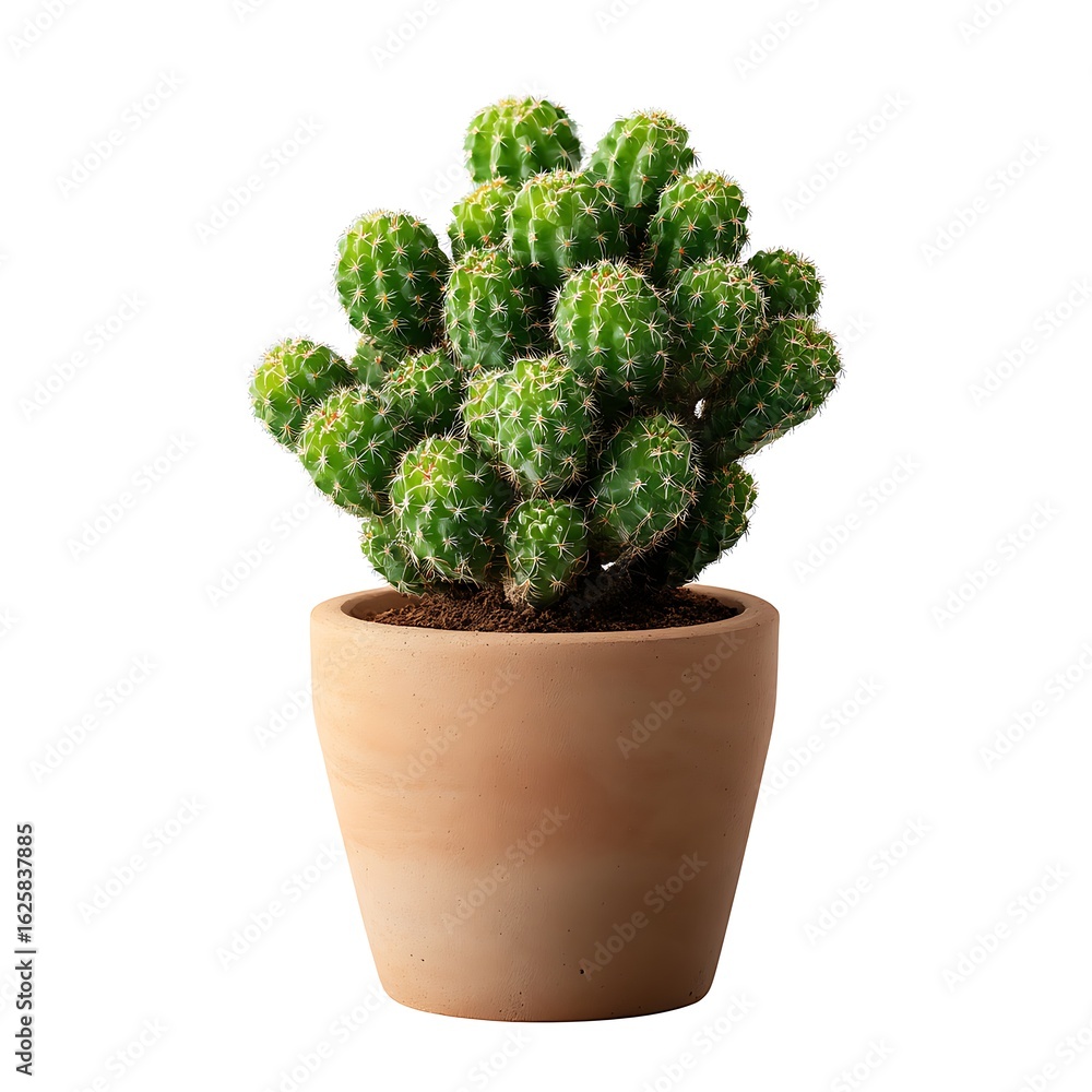 A small green cactus plant in a terracotta pot isolated on white background A small green cactus plant in a terracotta pot isolated on white background